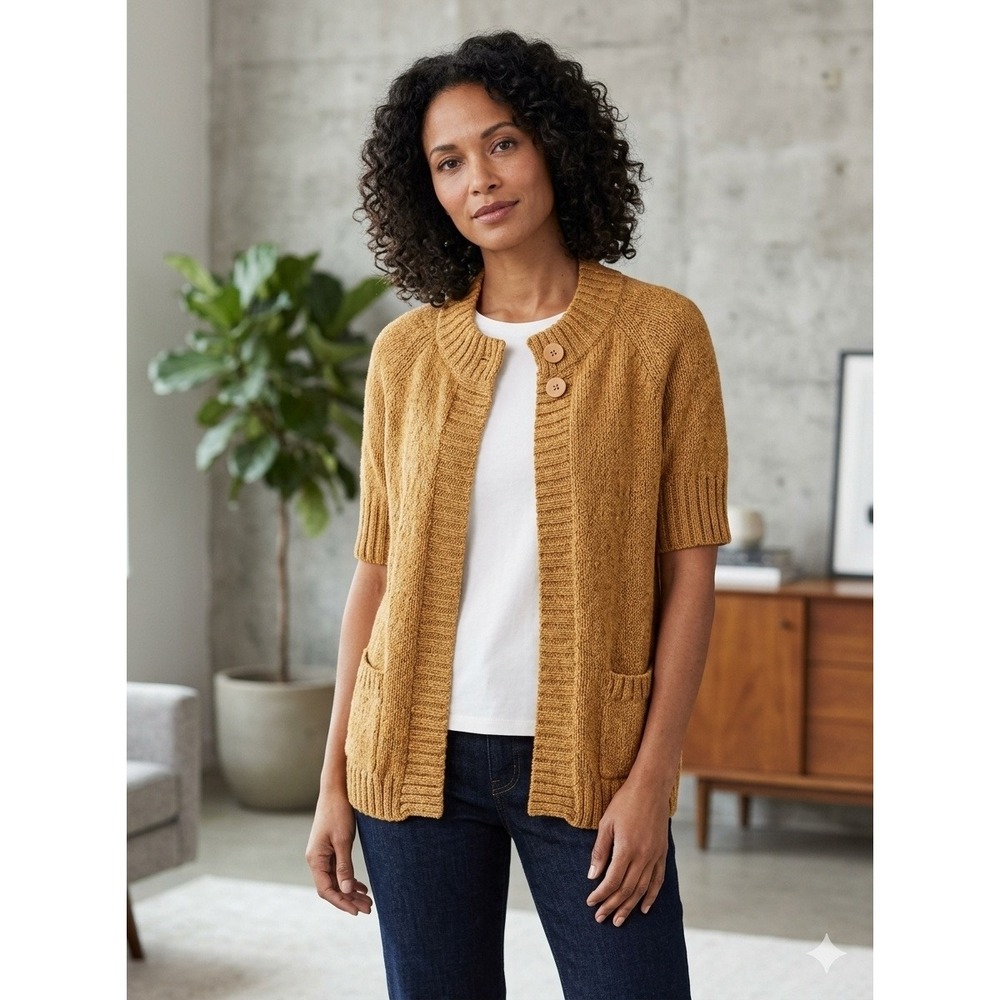 Eileen Fisher Mustard Yellow Cotton Knit Short Sleeve Cardigan Sweater Small